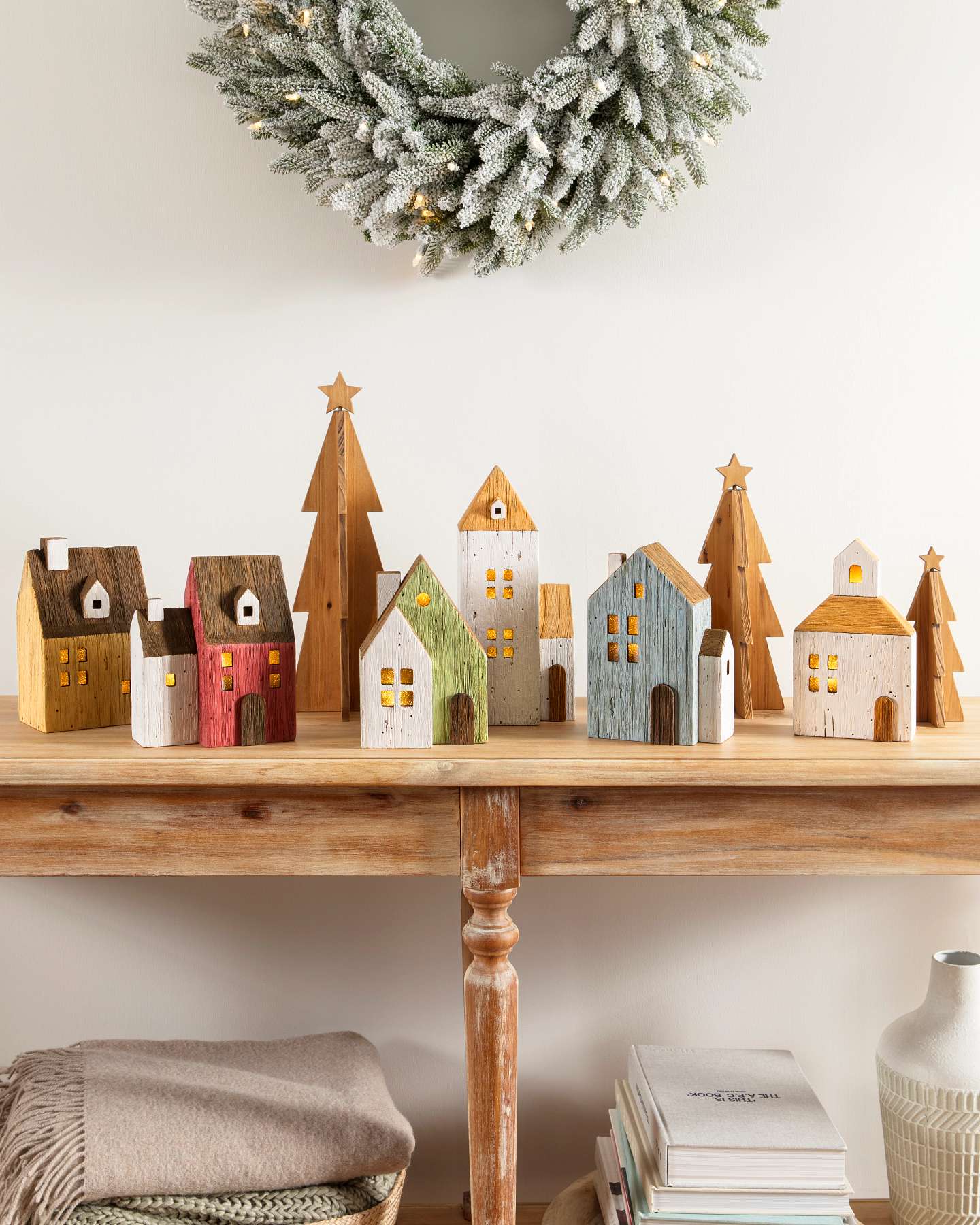 Balsam Hill Farmhouse Lit Wooden Village Set of 9 Angled View