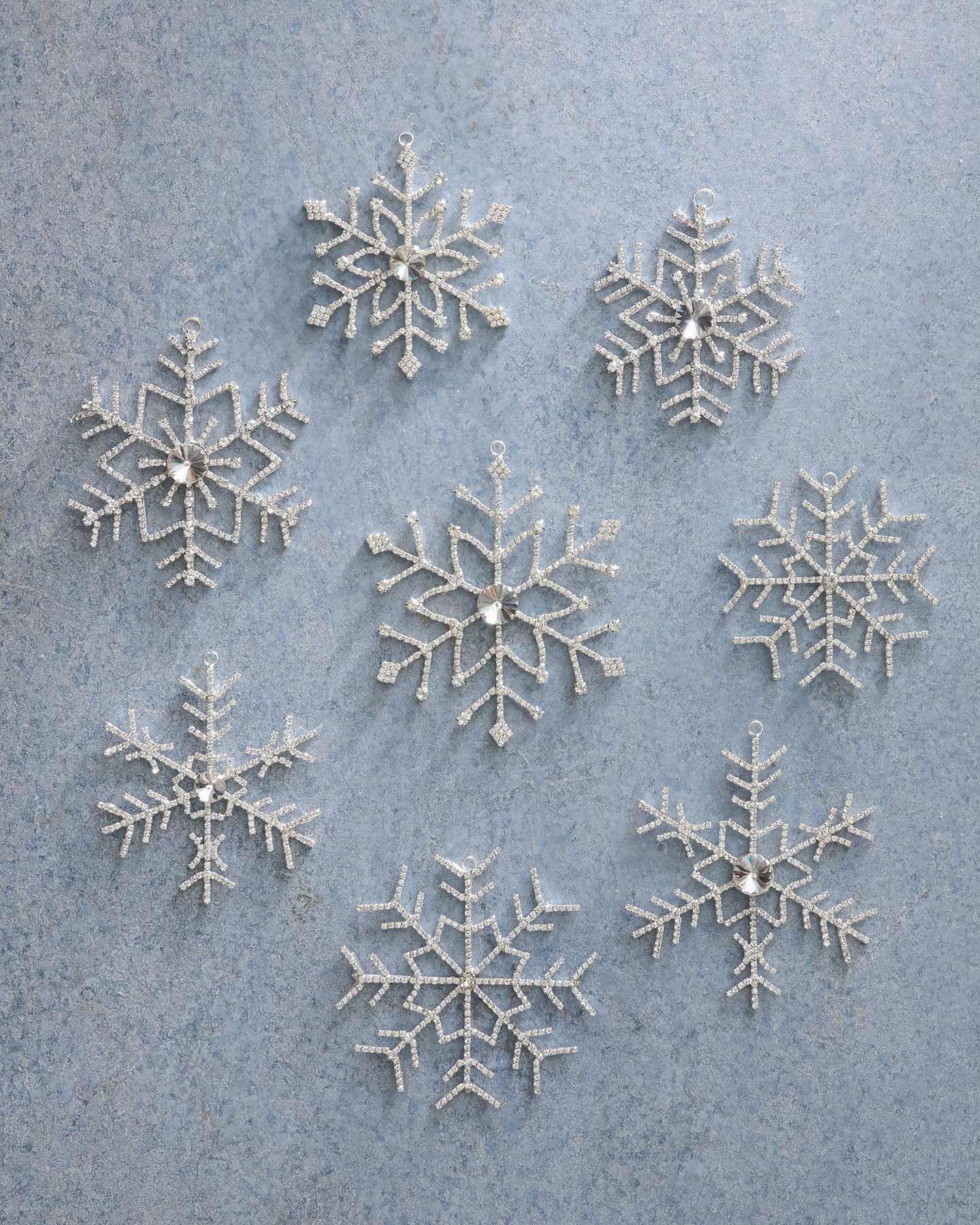 Balsam Hill Rhinestone Snowflake Christmas Ornament Set of 8 Display