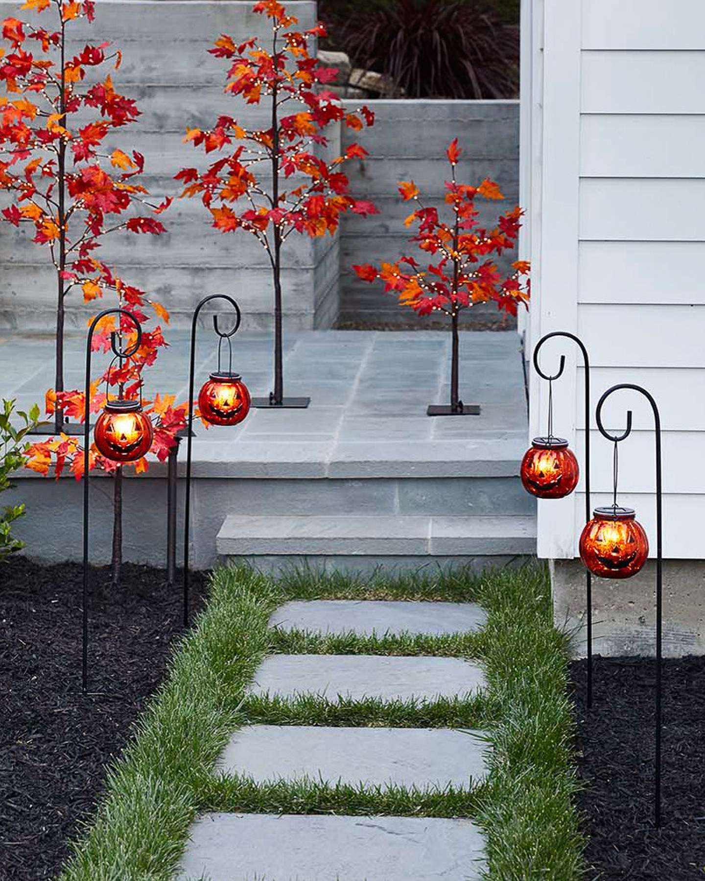 Balsam Hill Solar Powered Jack O Lantern Pathway Lights Set of 2 in a Halloween Outdoor Display