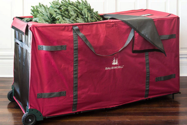 Christmas tree in a Balsam Hill rolling storage bag