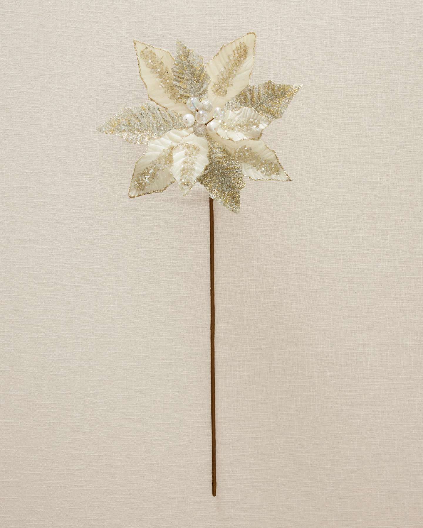 Ivory Glittered Beaded Velvet Poinsettia Picks, Set of 12