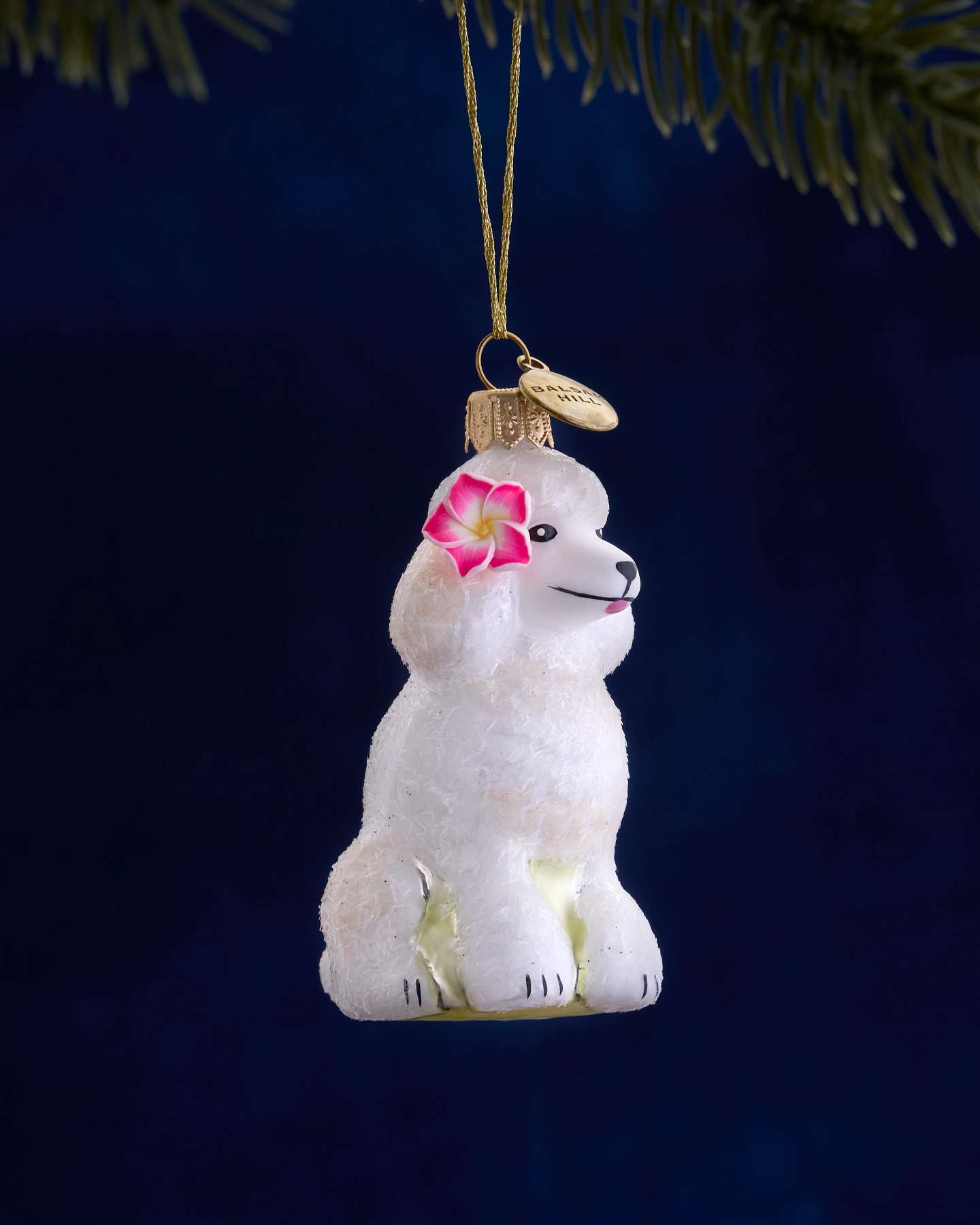 Balsam Hill Studio White Poodle with Plumeria Ornament