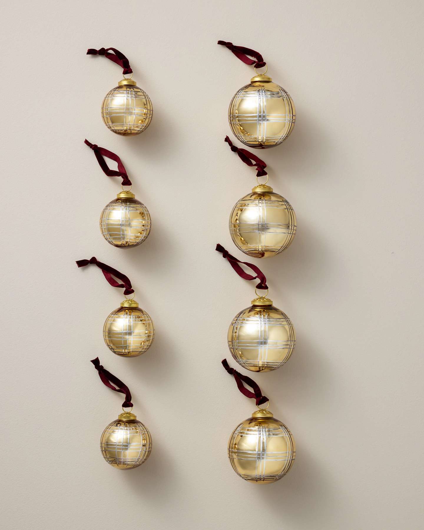 Gold Plaid Glass Ornaments, Set of 8