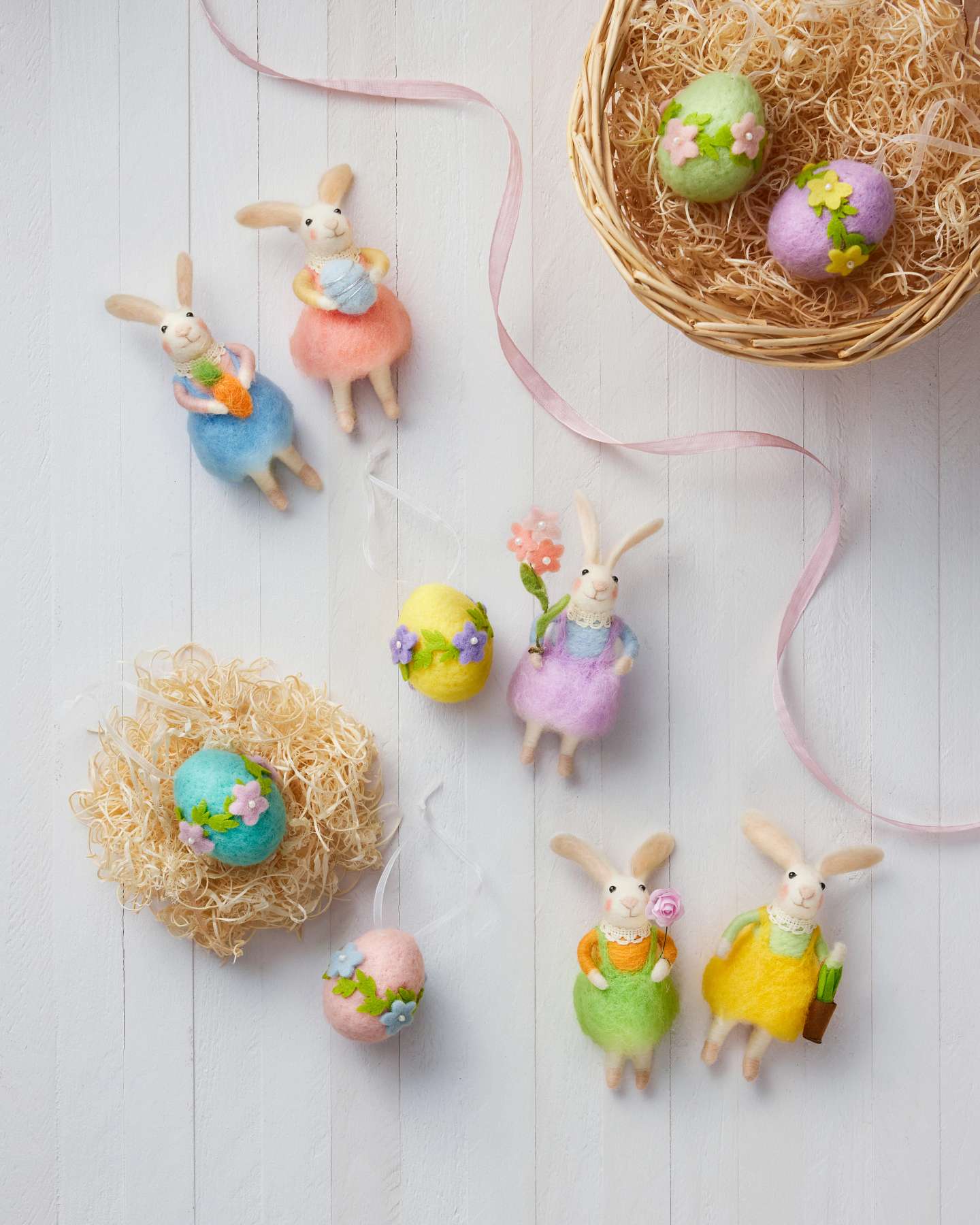 Balsam Hill Bunnies and Blooms Felt Christmas Ornament Set of 10 Display