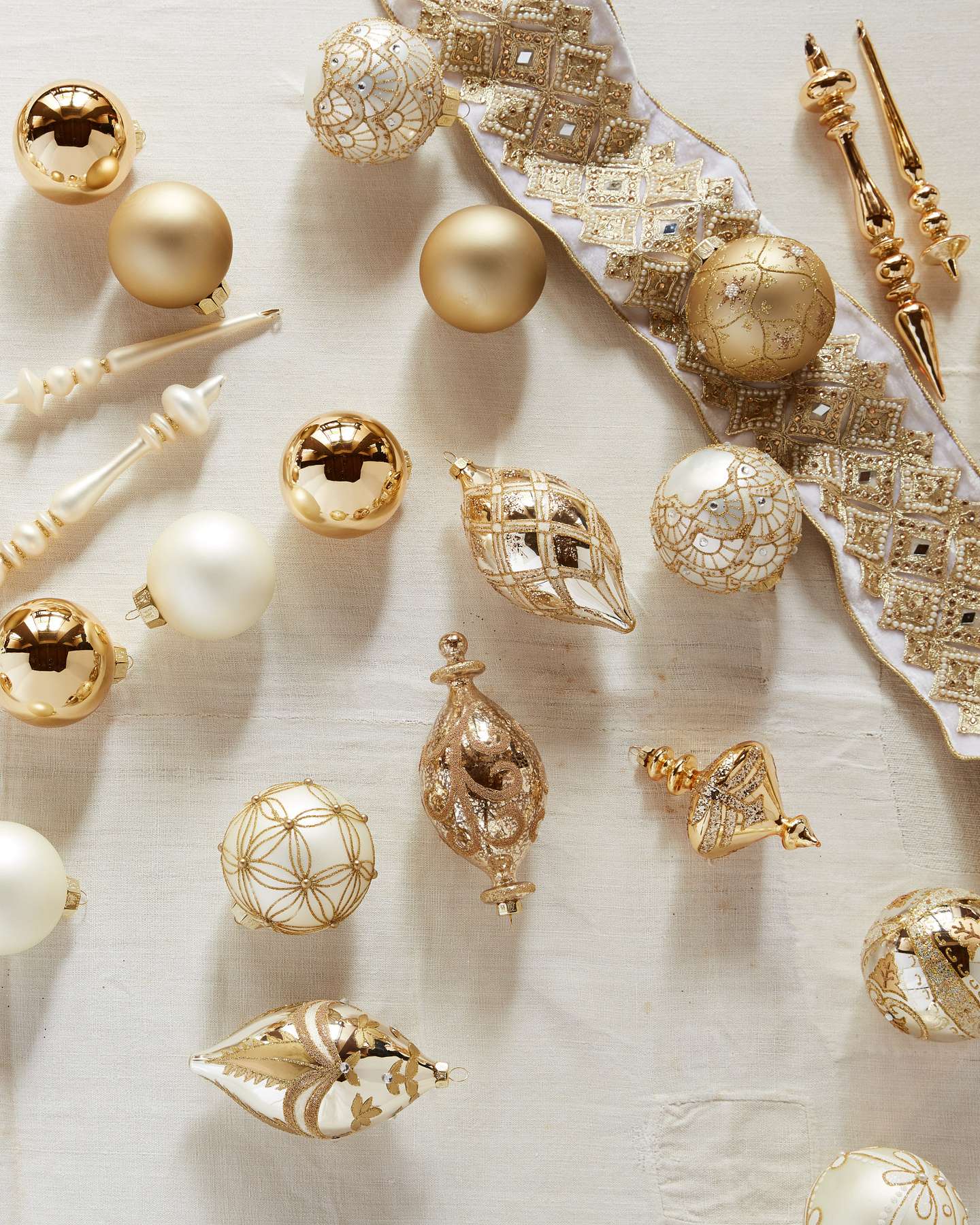 Balsam Hill Gilded Glory Artificial Christmas Ornament Set Closeup in Gold Finish