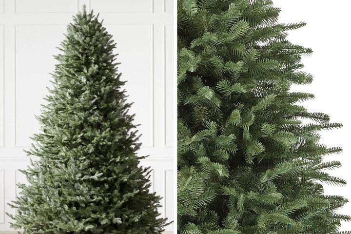 Collage of artificial Christmas fir showing the full tree and close-up of branches