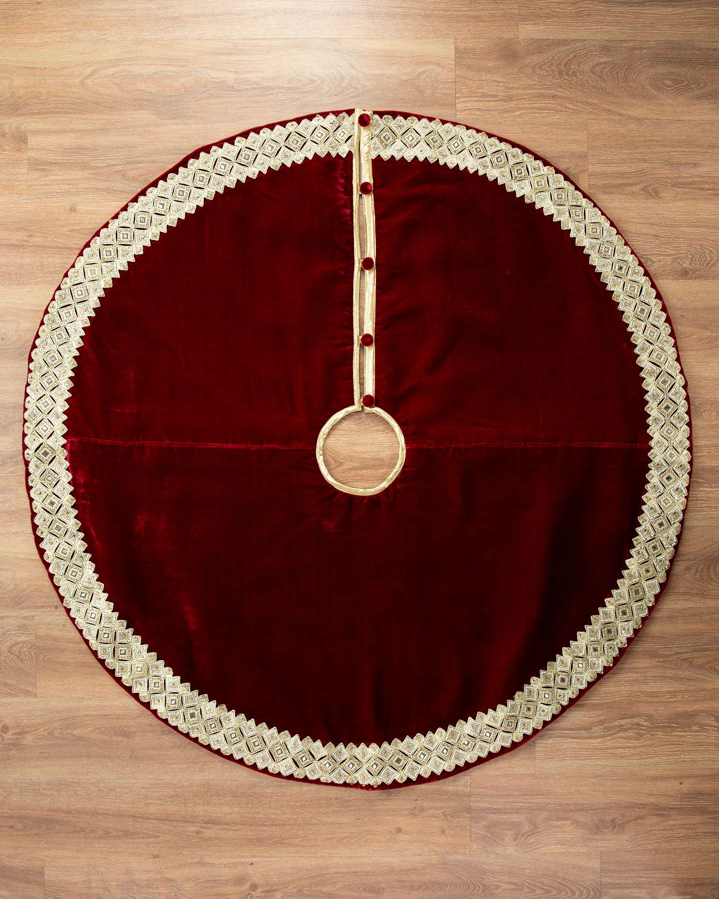 Balsam Hill Gilded Glory Burgundy Artificial Christmas Tree Skirt Fabric Detail