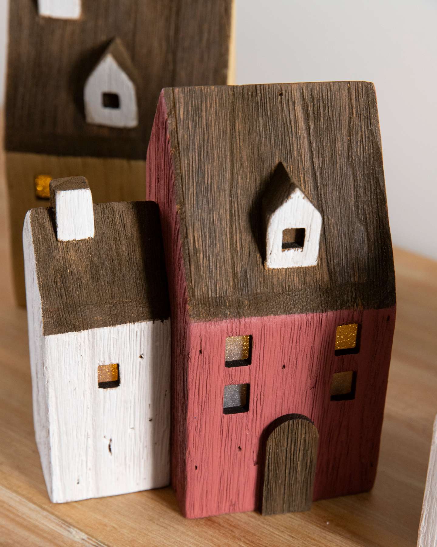Balsam Hill Farmhouse Lit Wooden Village Set of 9 Closeup of Mini House Details