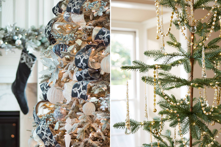Collage of Christmas trees decorated with blue ribbons and beaded garlands