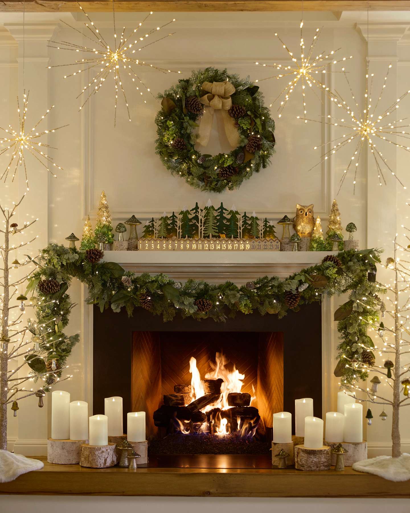 Balsam Hill Lit Wooden Christmas Advent Calendars Displayed on Mantel