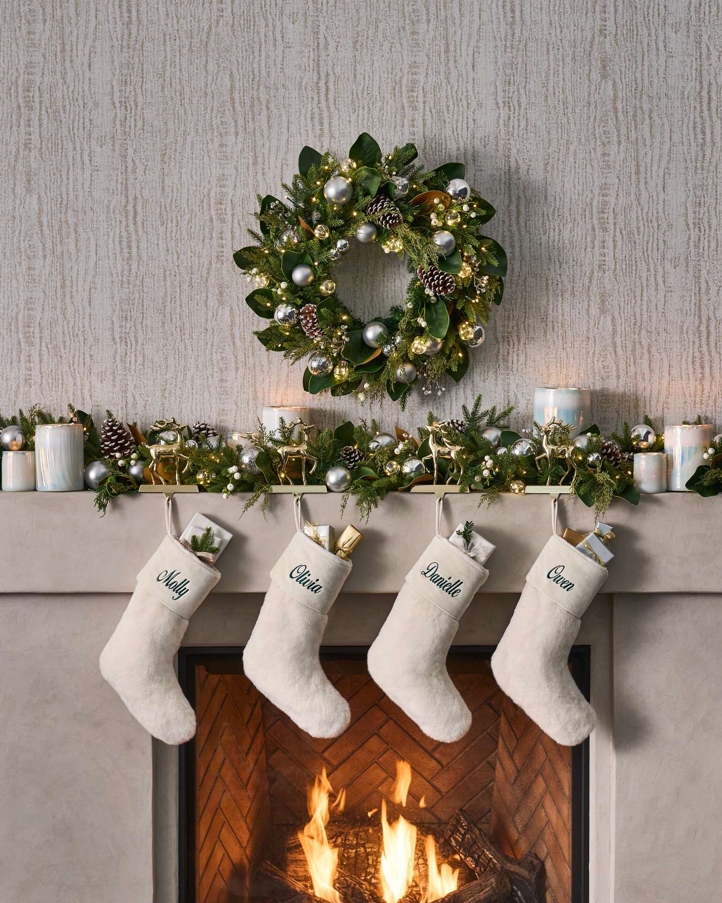 Balsam Hill Lodge Faux Fur Stocking Hanging on Mantel with Holiday Decor