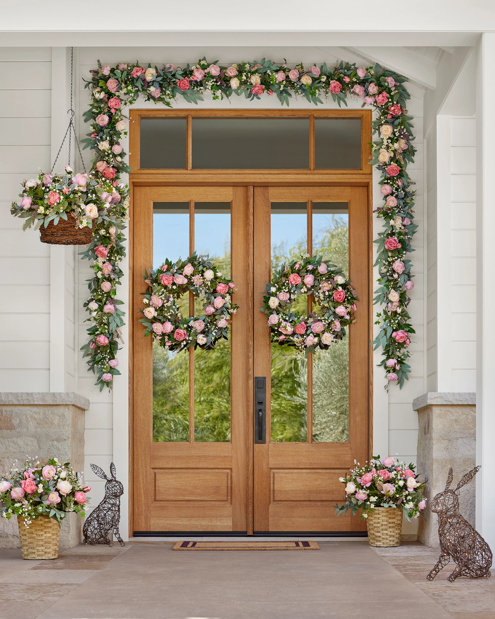 Outdoor Provence Rose Artificial Spring Hanging Basket | Balsam Hill