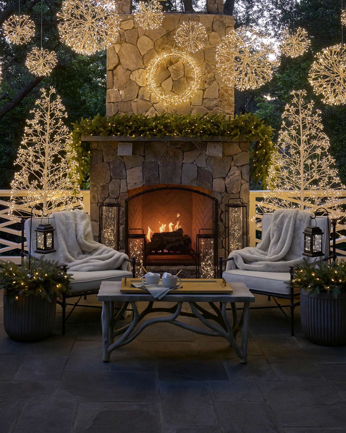 Balsam Hill Classic Lantern Solar Pathway Fairy Light Set Lifestyle Outdoor Fireplace Display