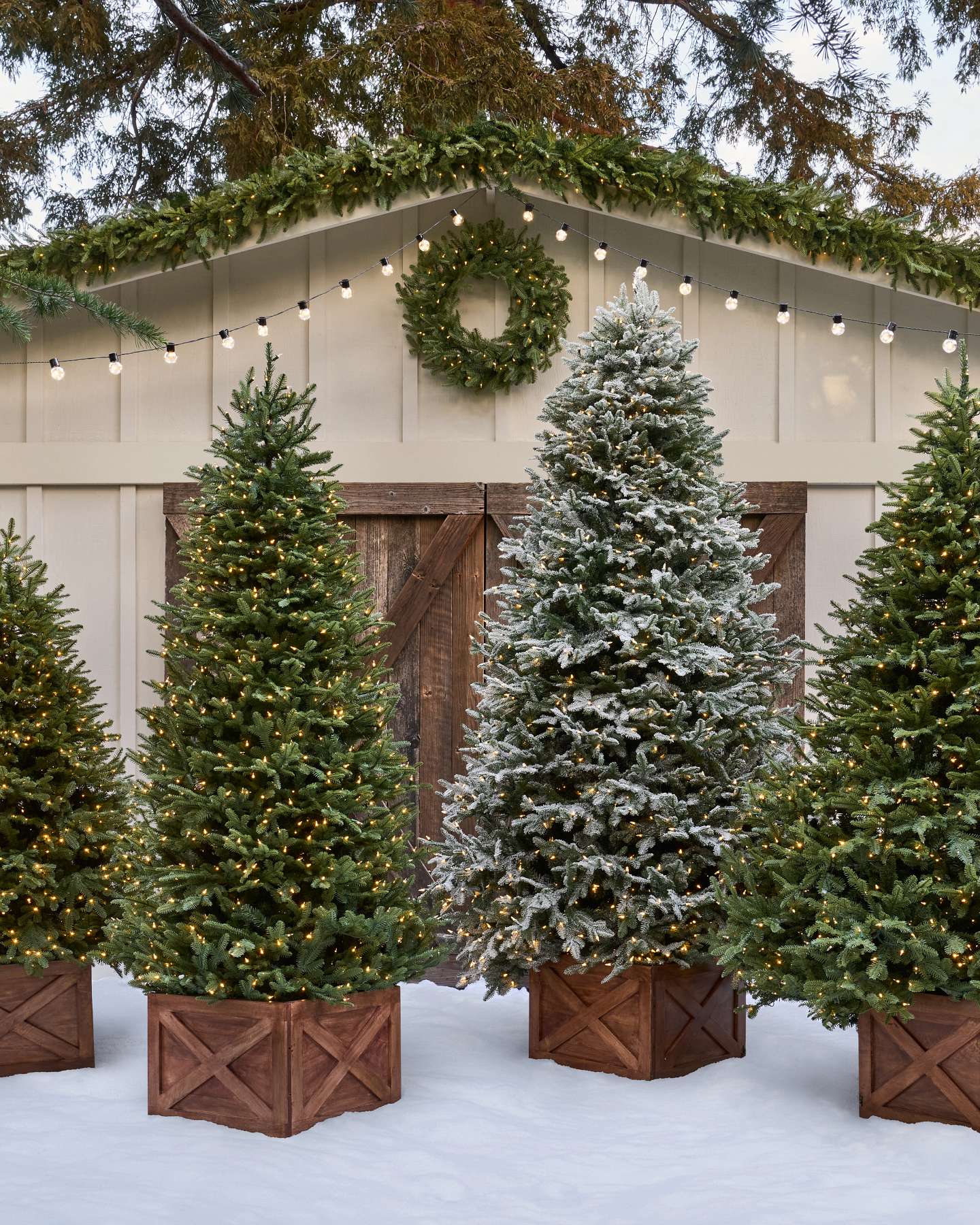 Balsam Hill Farmhouse Wooden Crate Tree Collars Lifestyle Outdoor Display