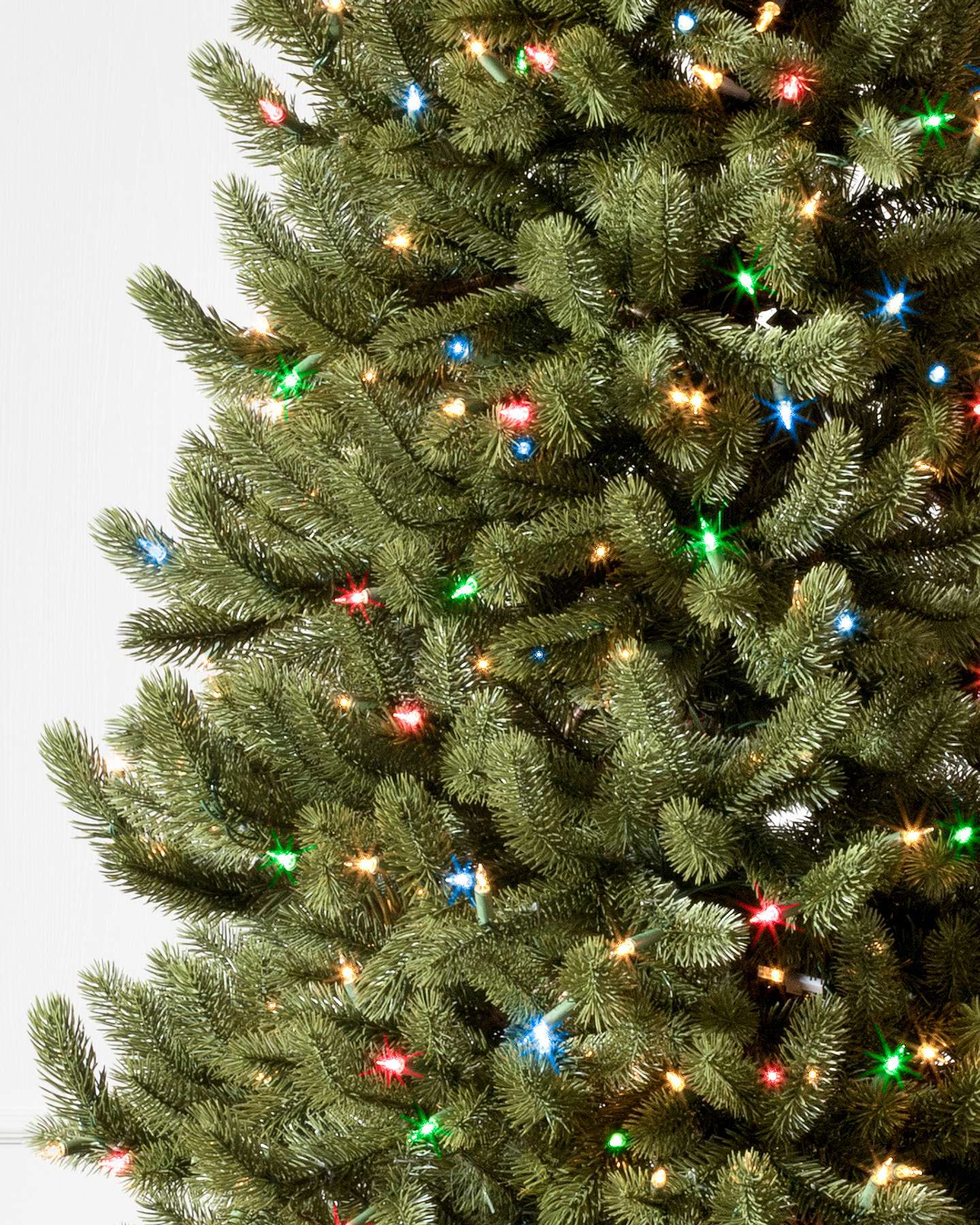 Balsam Hill Vermont White Spruce Narrow Artificial Christmas Tree Color + Clear LED Closeup