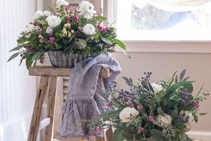 Artificial and fresh flower arrangements