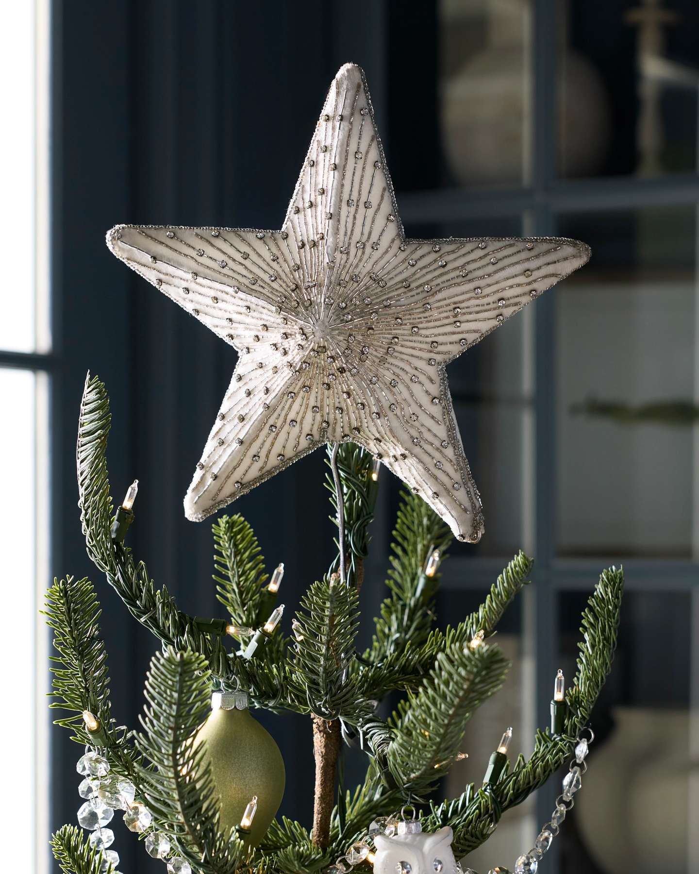 White Radiant Star Beaded Tree Topper