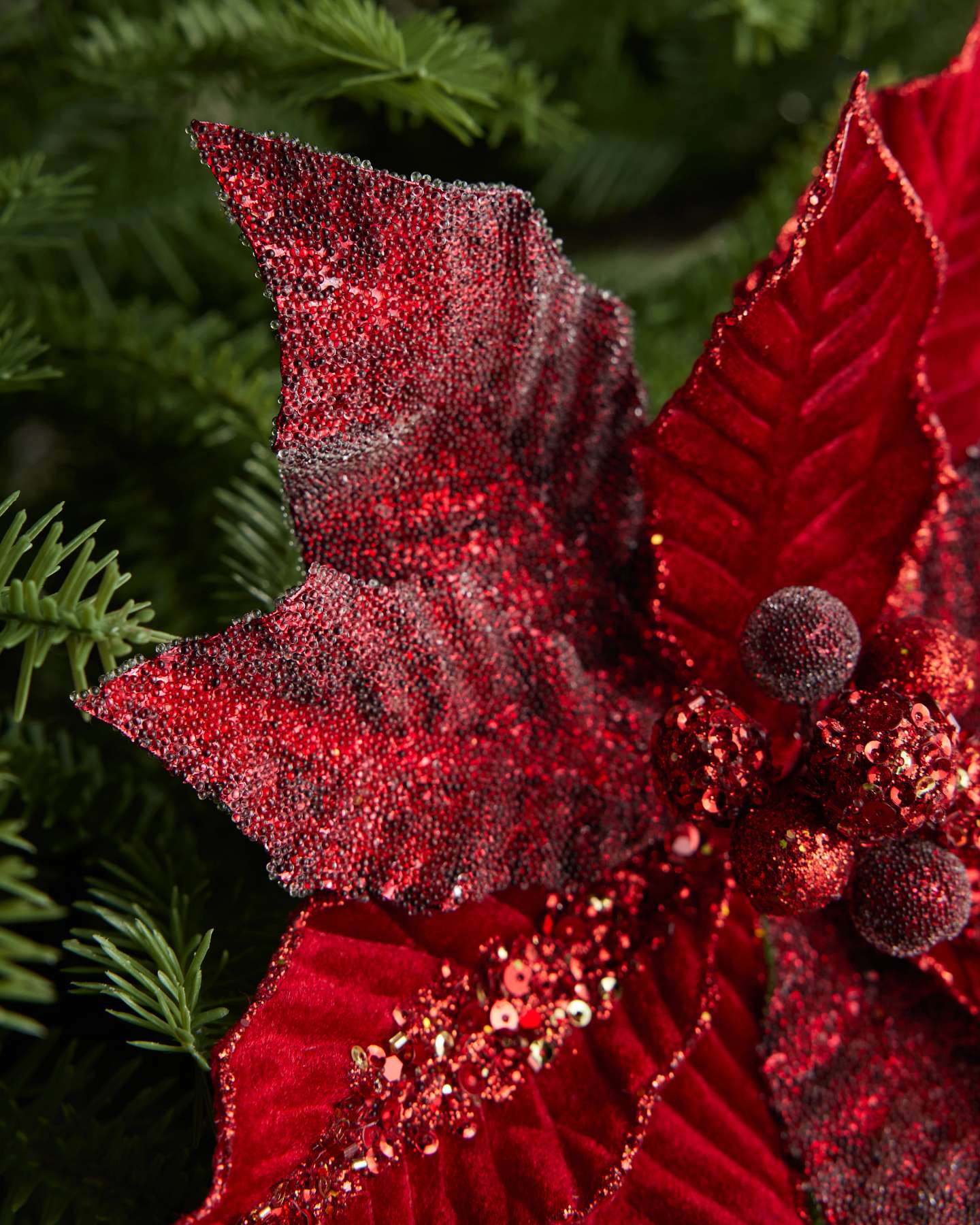 Red Glittered Beaded Velvet Poinsettia Picks, Set of 12