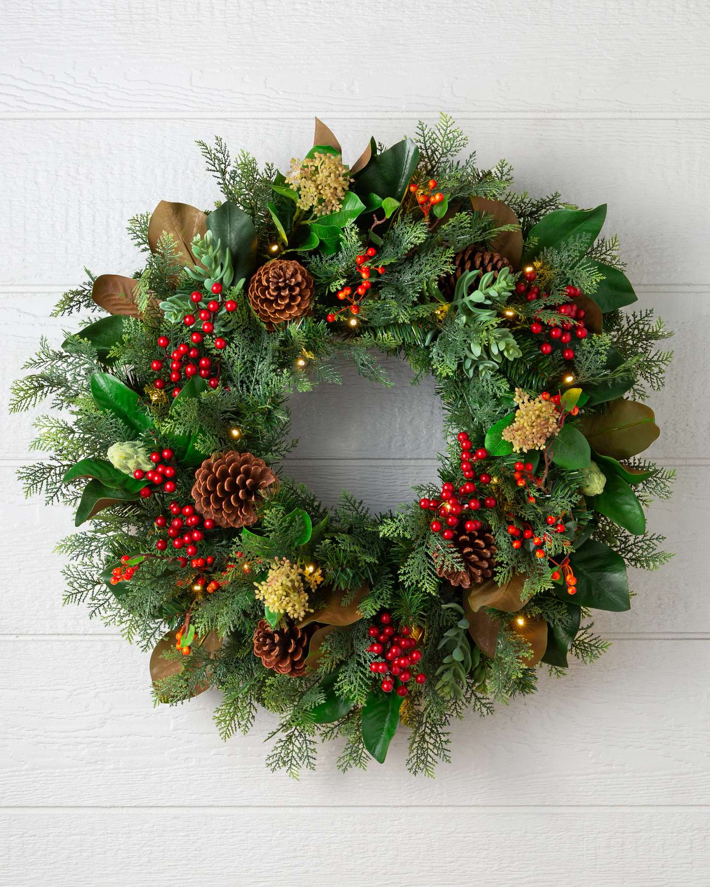 Balsam Hill Outdoor Magnolia Ridge Artificial Spring Wreath 24-Inch with LED Lights