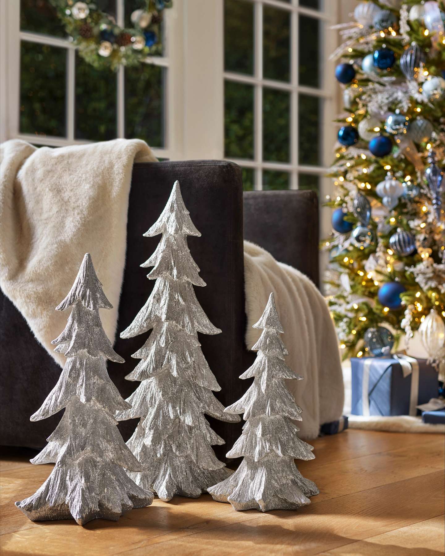 Balsam Hill Silver Glitter Tabletop Trees for Festive Decor