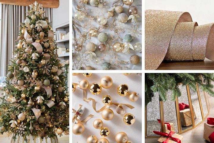 Photo collage of artificial Christmas tree decorated with metallic gold and matte green ornaments, glittery champagne ribbon, and metallic tree collar