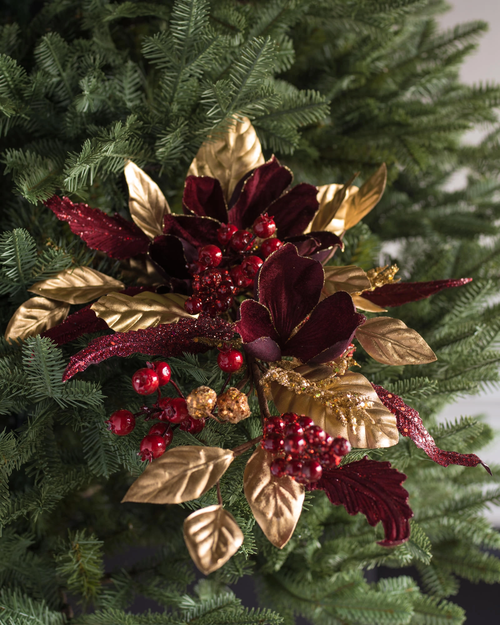 Burgundy Magnolia Bouquet Christmas Tree Picks | Balsam Hill