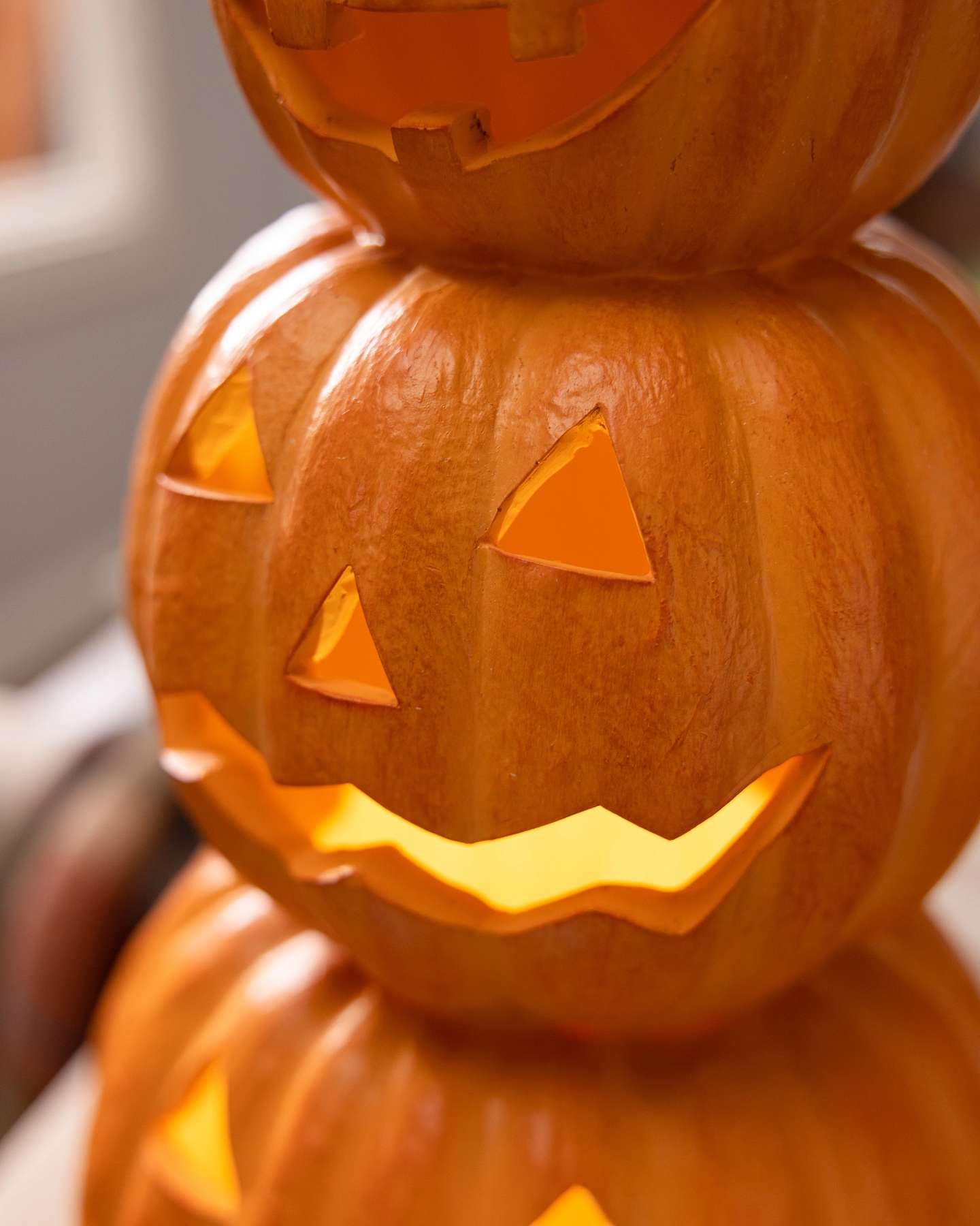 Balsam Hill Outdoor Lit Tabletop Stacked Jack-O’-Lanterns Close-Up View