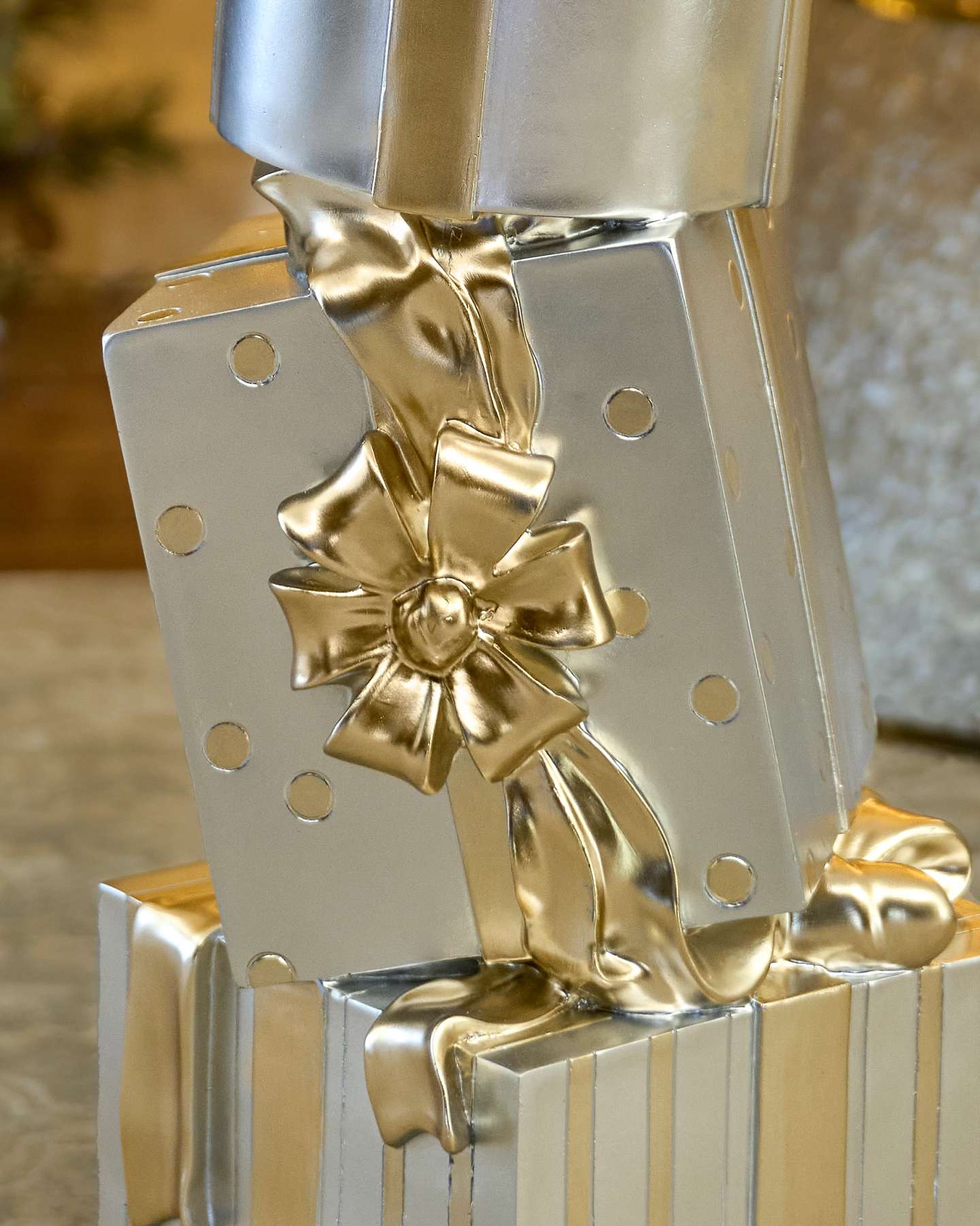 Balsam Hill Metallic Outdoor Stacked Christmas Presents Close-Up with Festive Shine