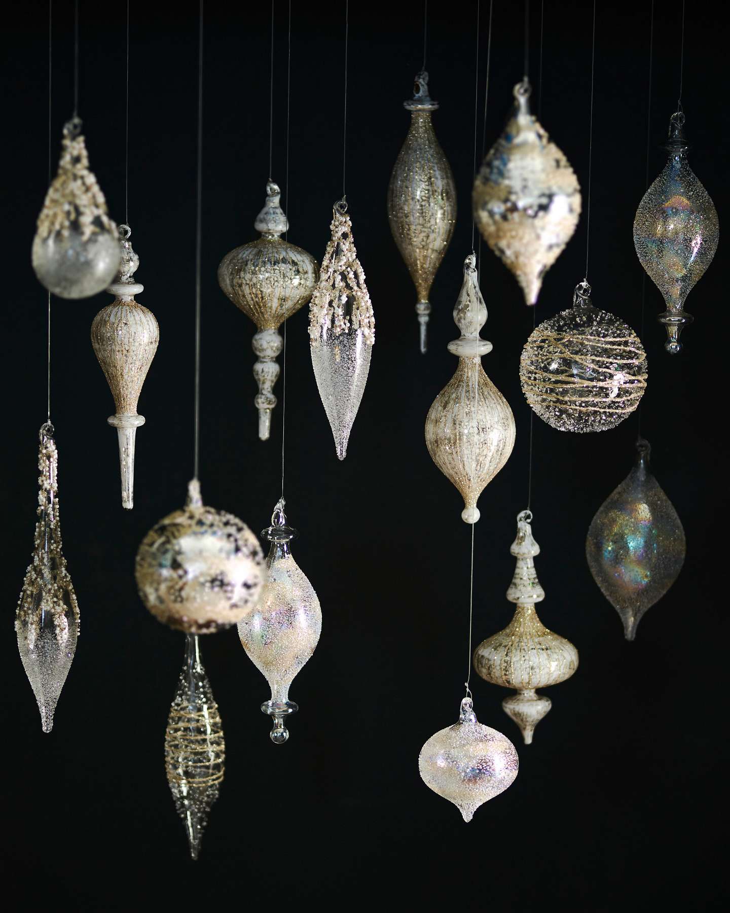 Balsam Hill Winter White Ornament Set Lifestyle Display with Sparkling Details