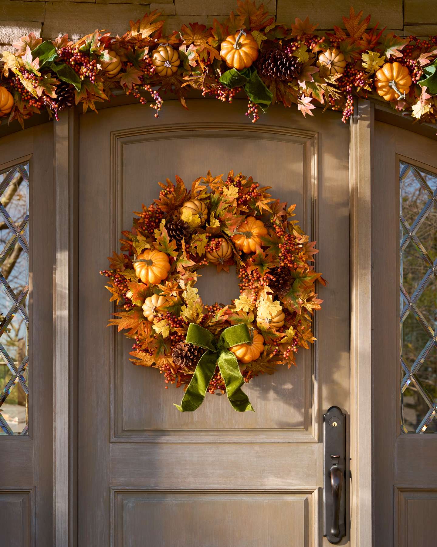 Balsam Hill Golden Harvest Artificial Fall Wreath in Entryway Display