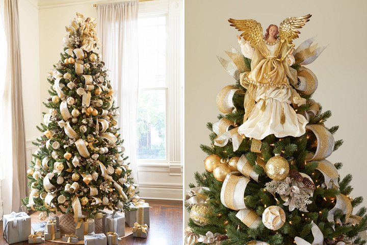 Christmas tree decorated with gold ornaments, ribbons, and an angel tree topper
