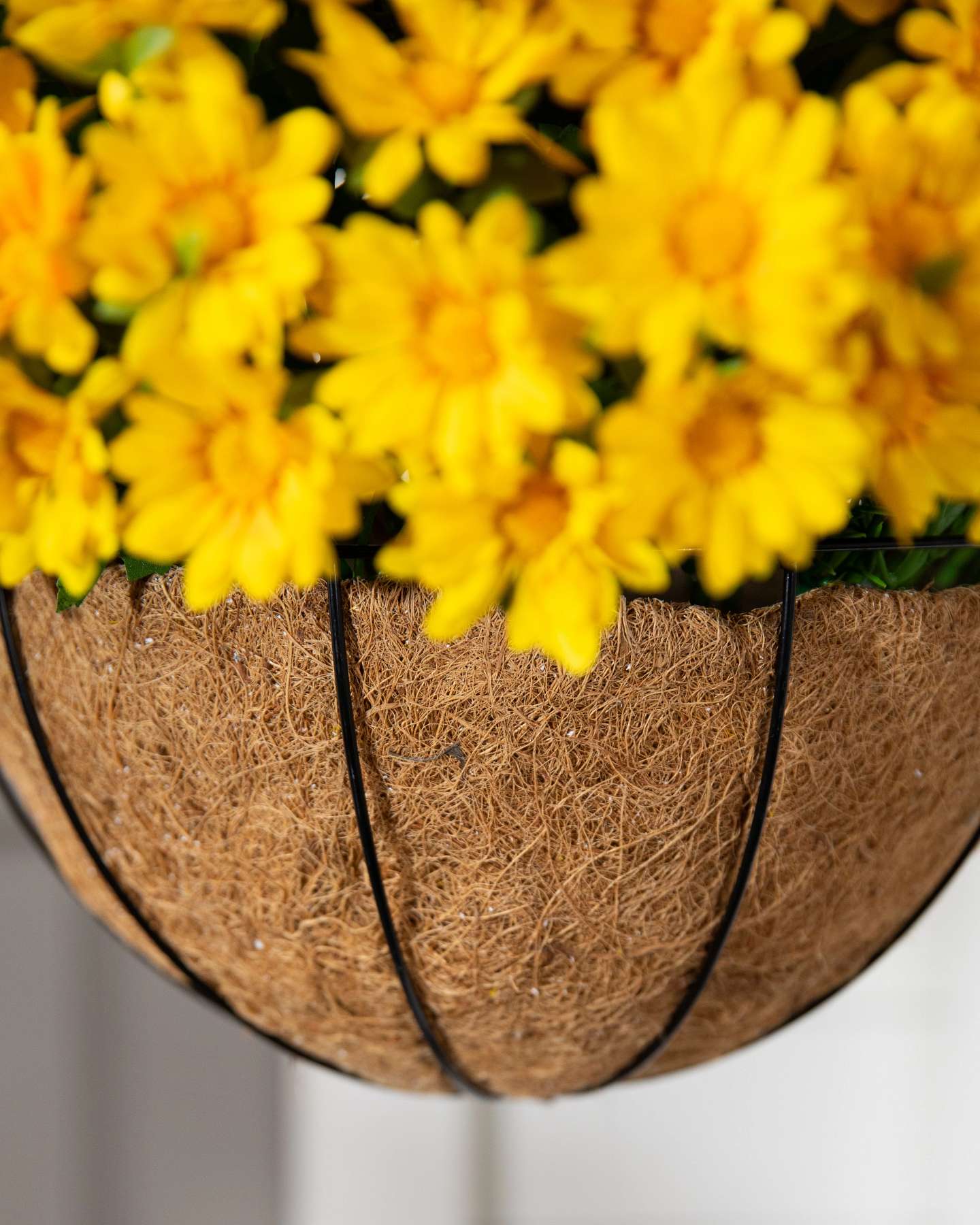 Balsam Hill Gold Outdoor Sunset Mums Artificial Fall Hanging Basket 20-Inch Closeup of Basket