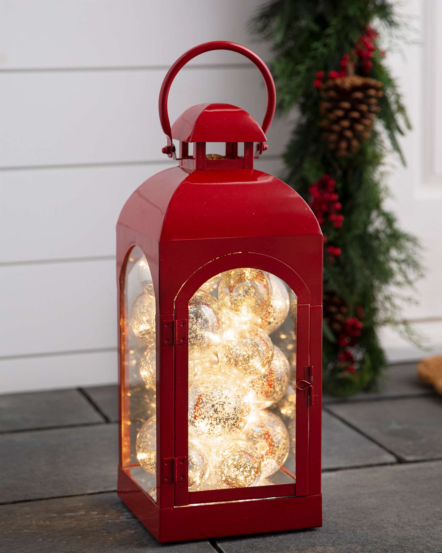 Balsam Hill Red Lantern with Lighted Christmas Ornaments Showcase