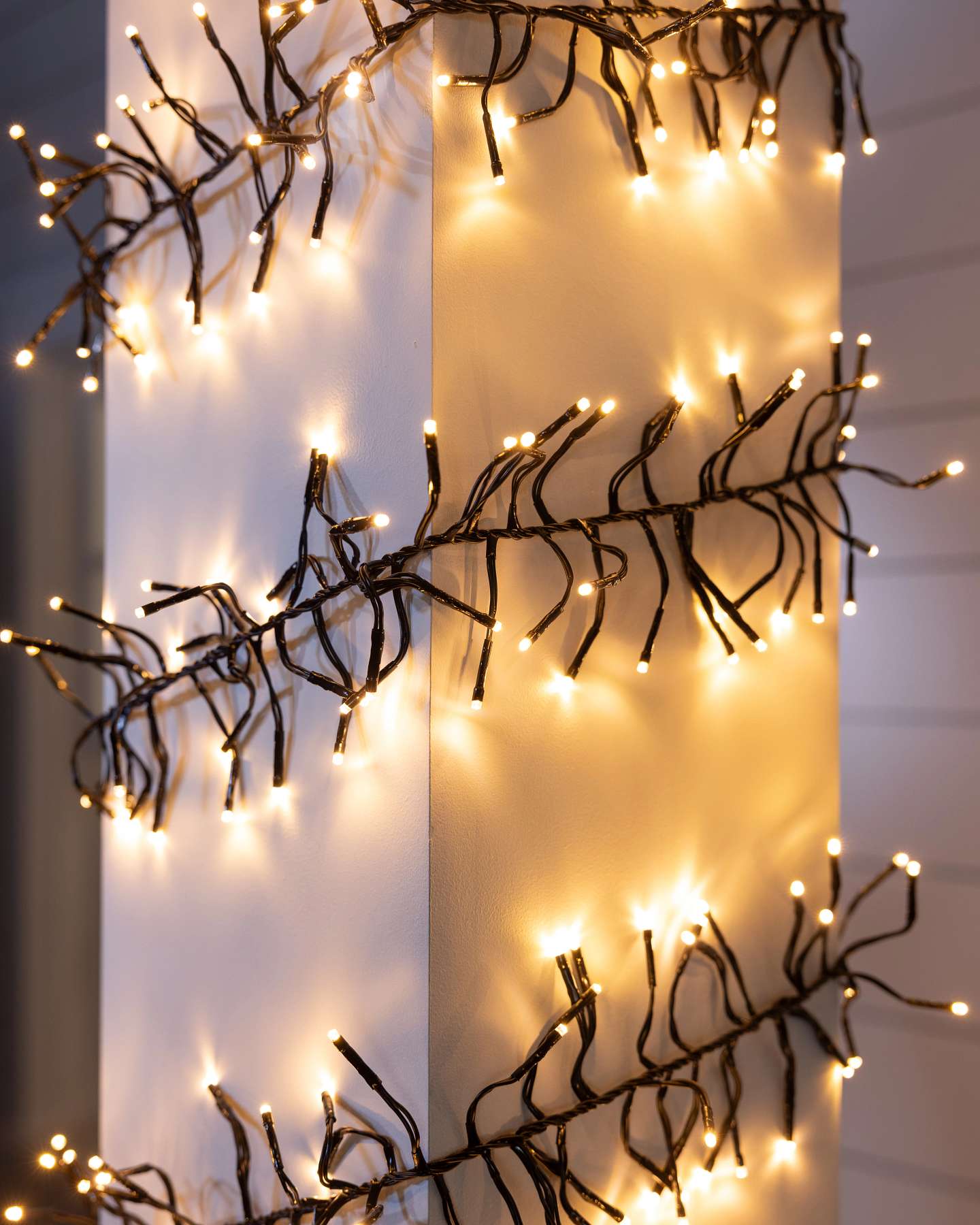 Balsam Hill 33-Inch Warm White Solar Cluster Light String Black Cord Closeup