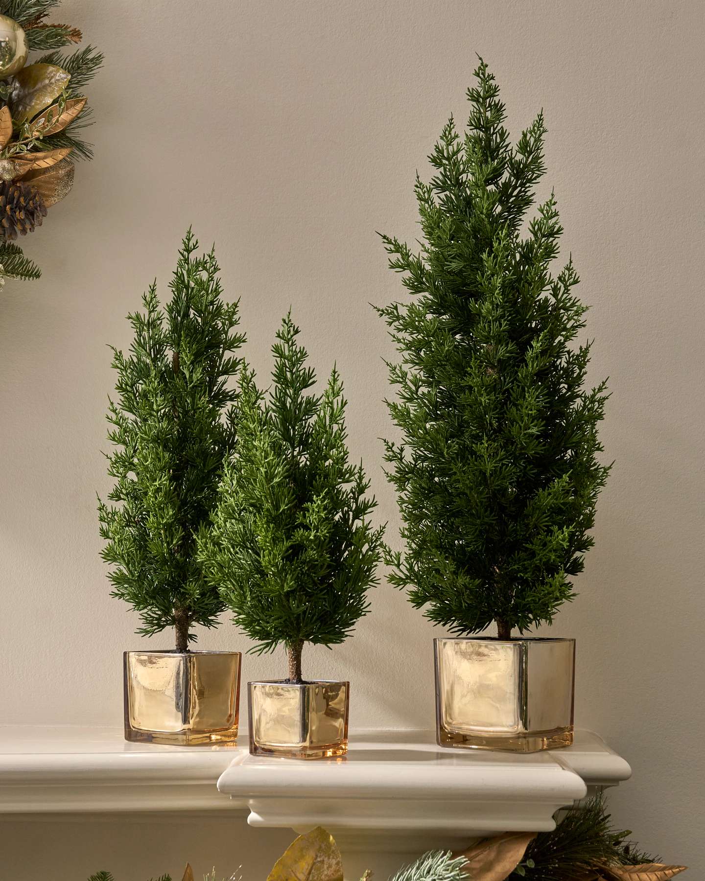 Balsam Hill Evergreen Tabletop Artificial Christmas Tree with Gold Base Set of 3 Full View