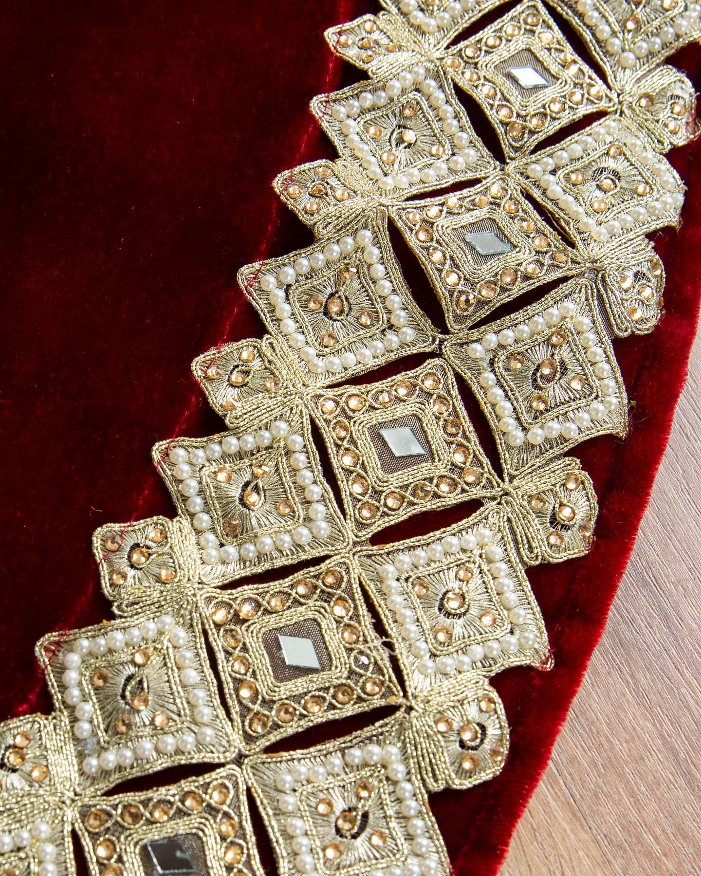 Balsam Hill Burgundy Gilded Glory Artificial Christmas Tree Skirt Closeup