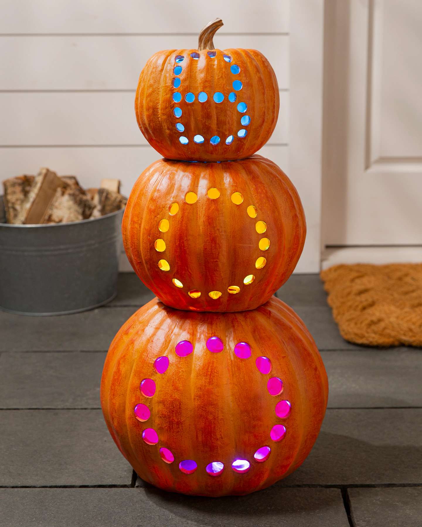 Balsam Hill Boo Stacked LED Pumpkins on Top of Each Other with Different Light Colors
