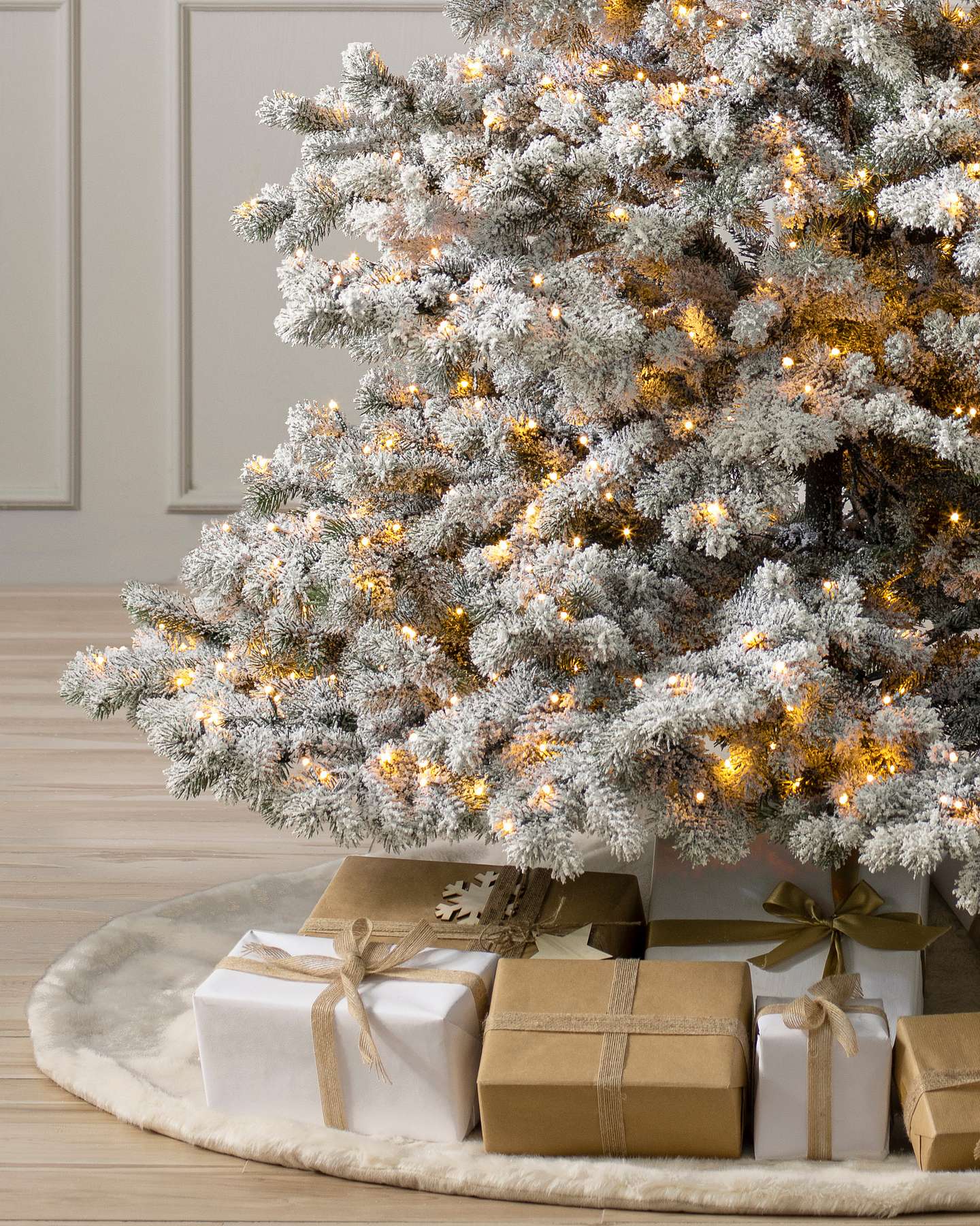 Balsam Hill Frosted Yukon Spruce Artificial Christmas Tree Micro LED Bottom Side Closeup