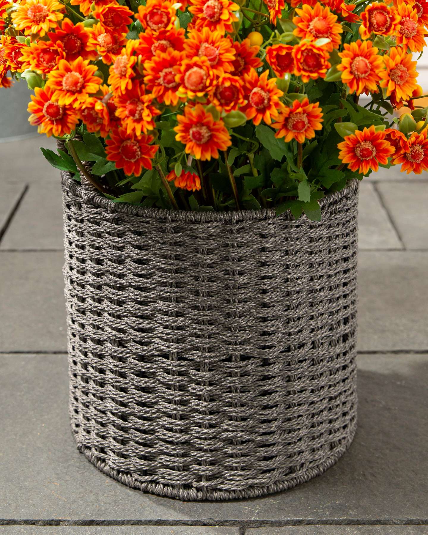 Balsam Hill Gray Outdoor Woven Basket Elegant Craftsmanship Closeup with Flowers