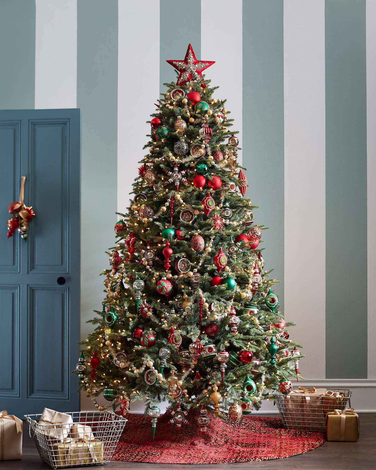 Balsam Hill Brocade Velvet Artificial Christmas Tree Skirt in a Festive Home