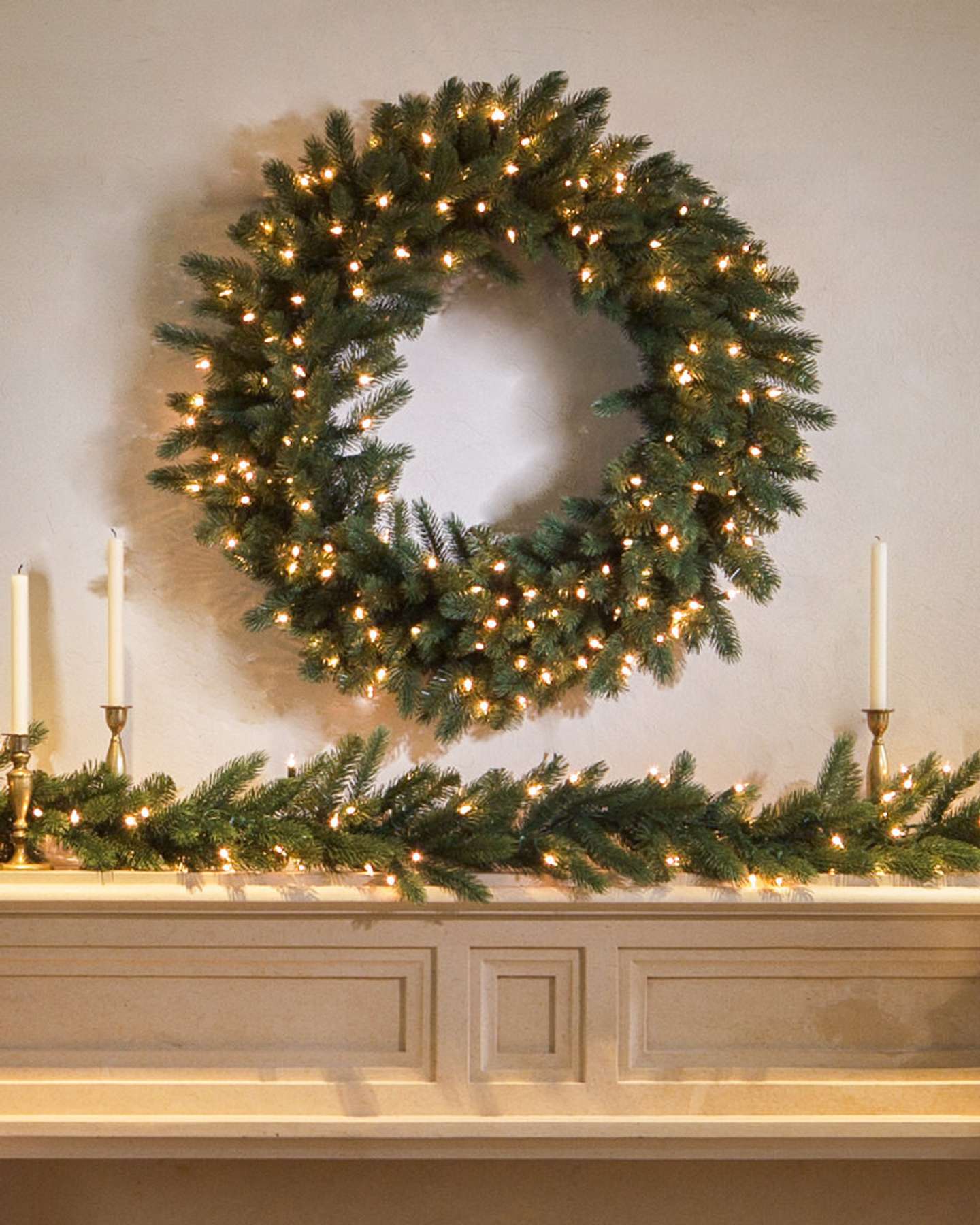 Balsam Hill Vermont White Spruce Artificial Christmas Wreath and Garland LED Clear on Elegant Mantel