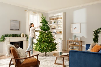 Person beim Aufbauen eines beleuchteten Weihnachtsbaums