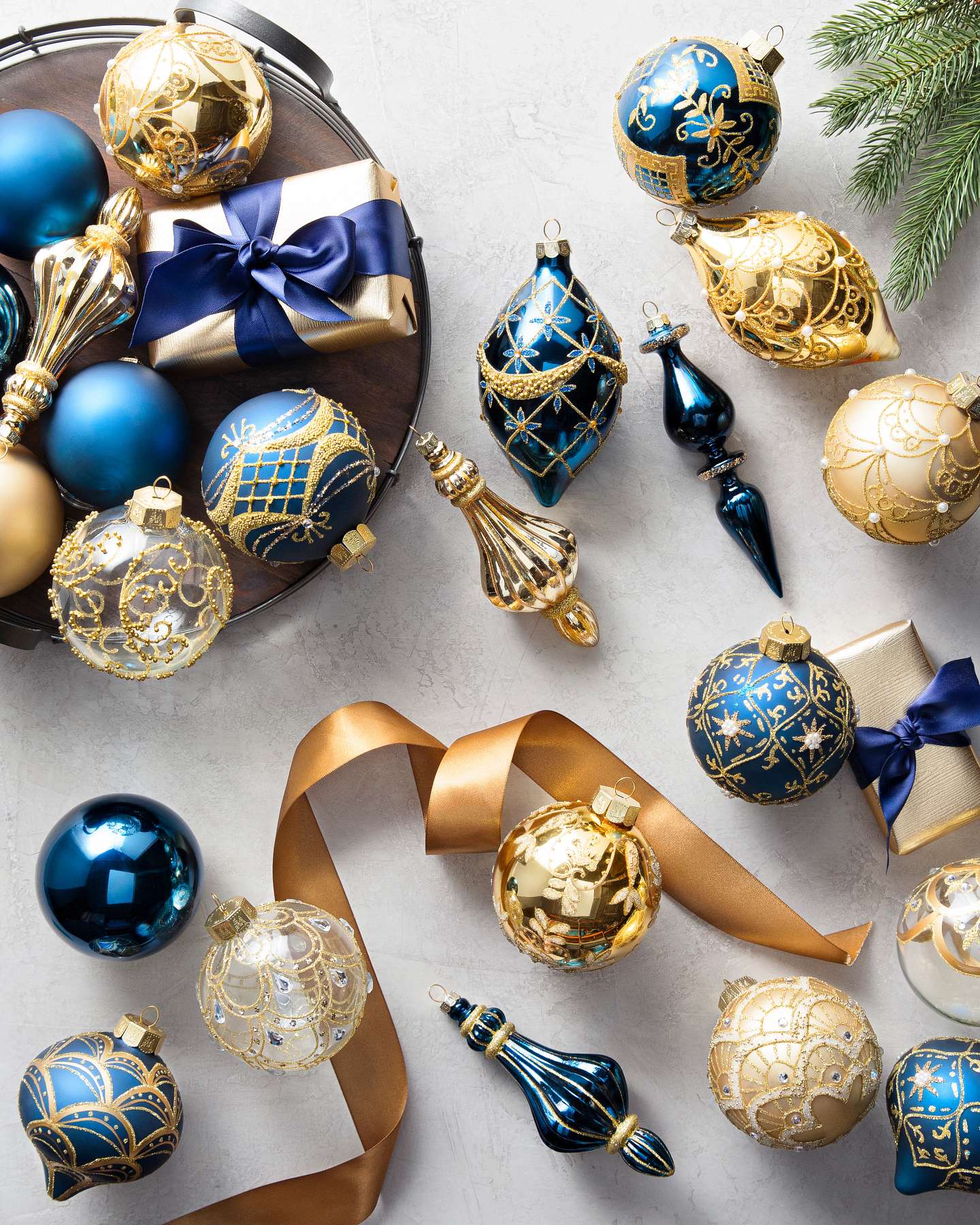 Balsam Hill Sapphire Gold Gilded Glory Artificial Christmas Ornament Set in Coordinated Gold and Blue