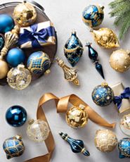 Assorted blue and gold glass Christmas ornaments