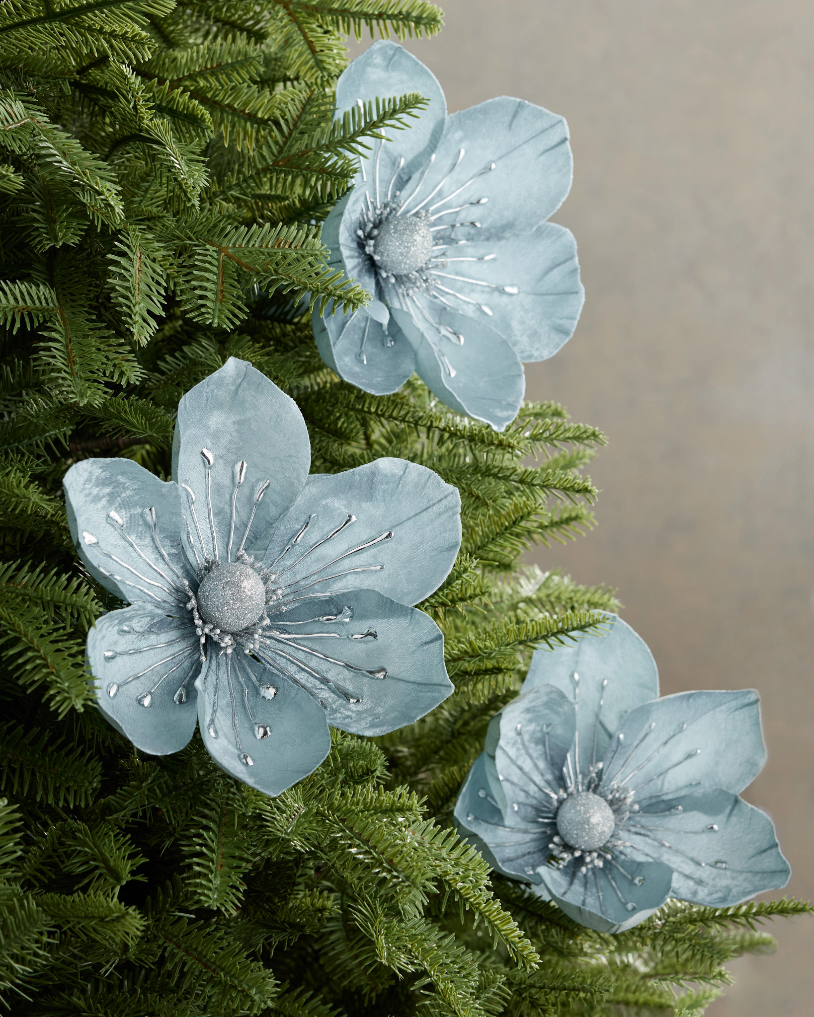 Large Ice Blue Magnolia Christmas Tree Pick Set