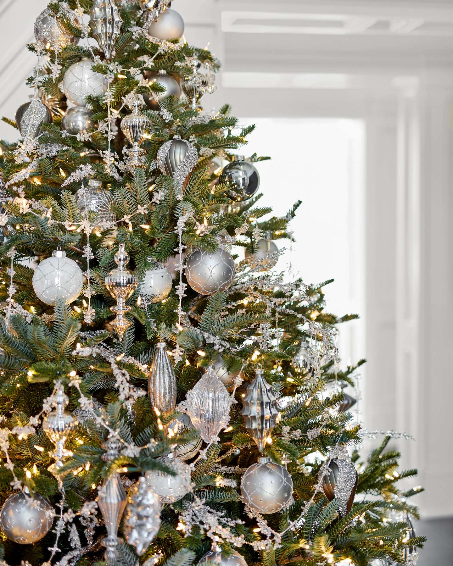 Balsam Hill New Nordmann Fir Artificial Christmas Tree Decorated in Elegant Holiday Room