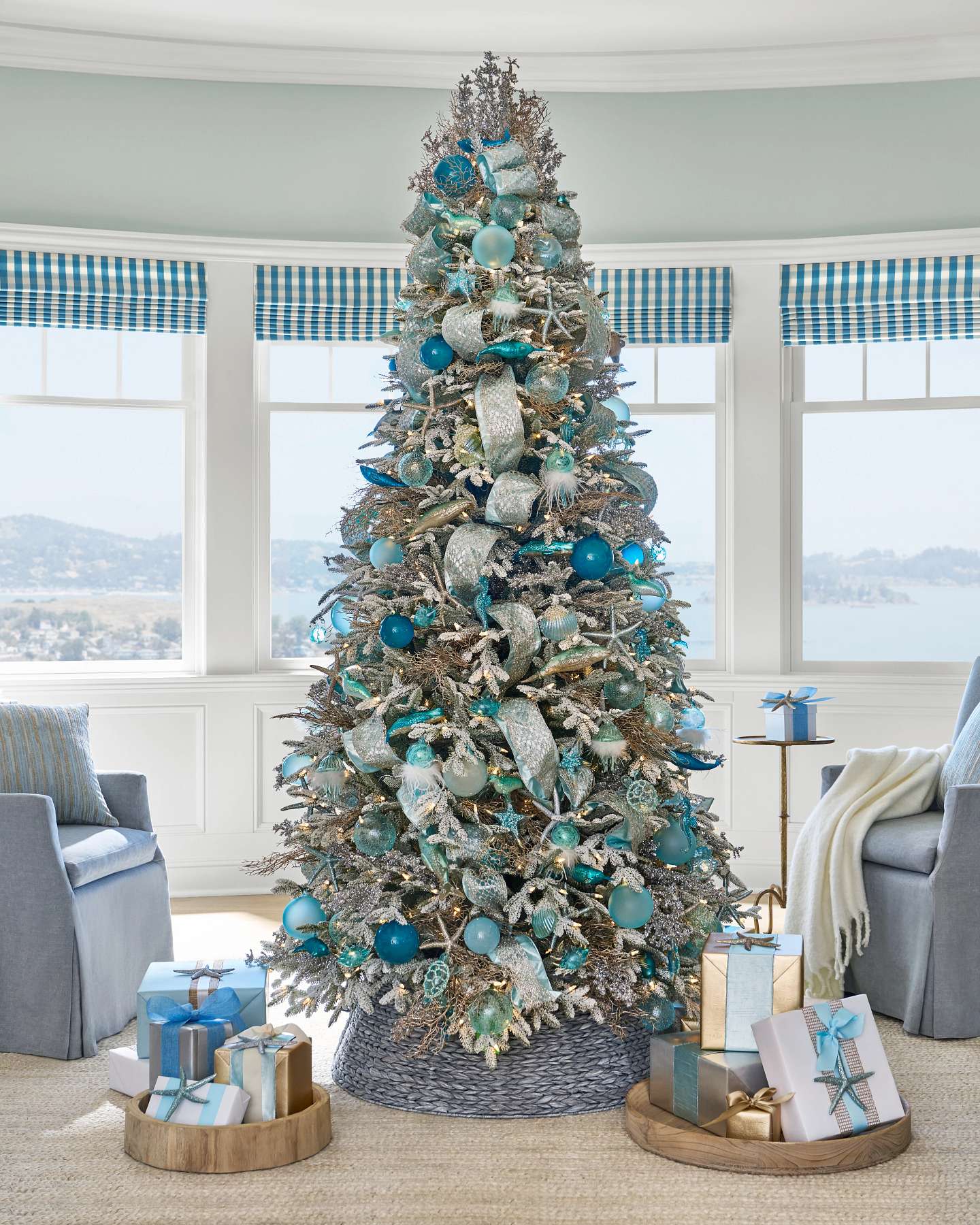 Balsam Hill Coastal Chic Christmas Ornament Set Styled on a Christmas Tree