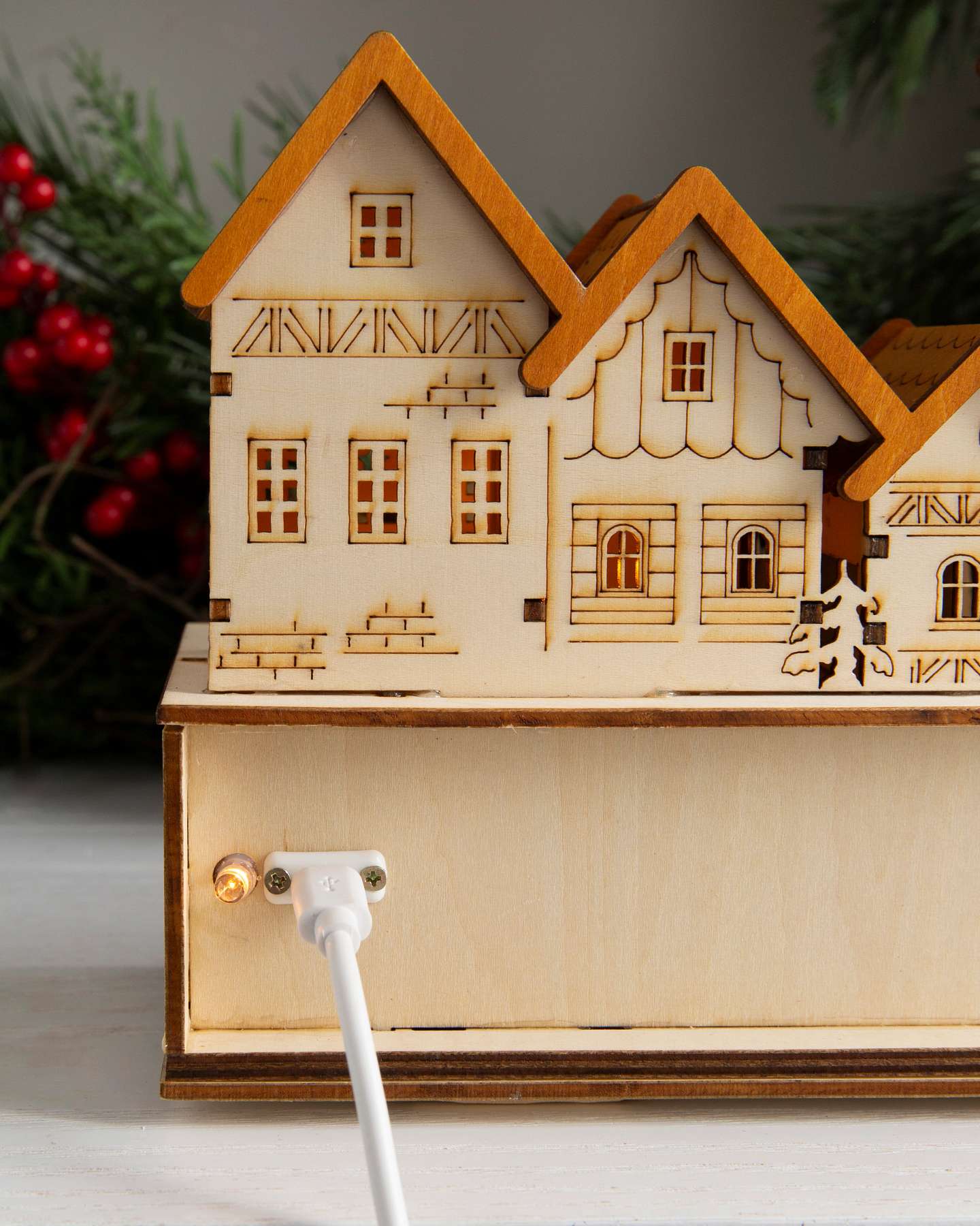 Wooden Christmas Mantel Village by Balsam Hill Power Port Special Feature