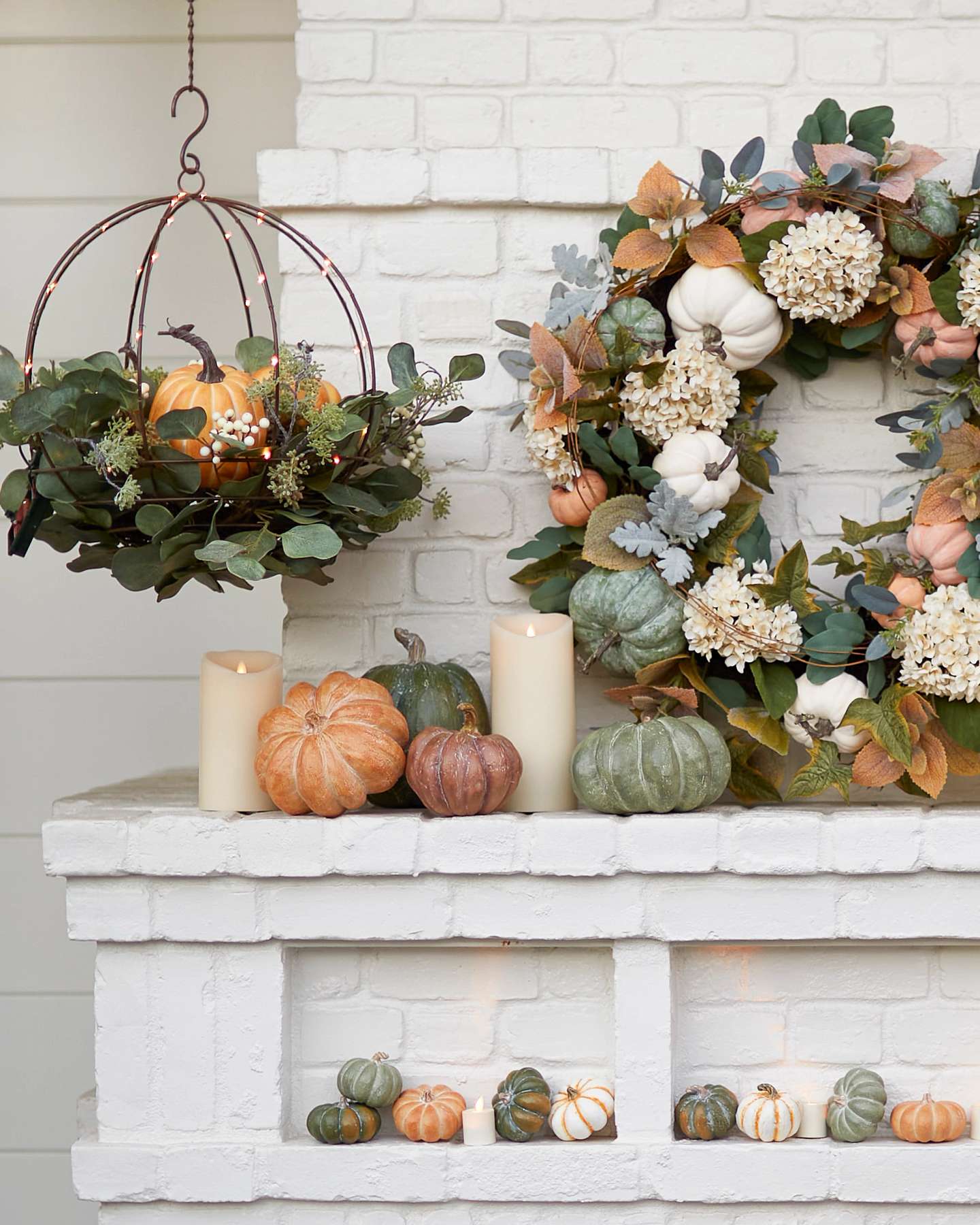 Balsam Hill Eucalyptus And Pumpkin Artificial Christmas Hanging Basket Lifestyle Outdoor Display