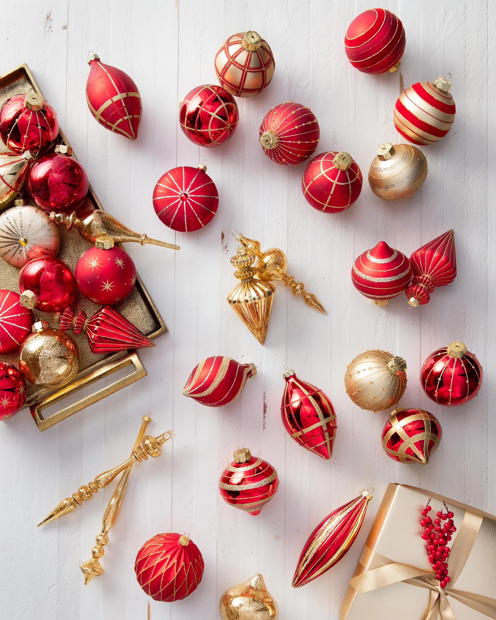 Assorted red and gold Christmas baubles